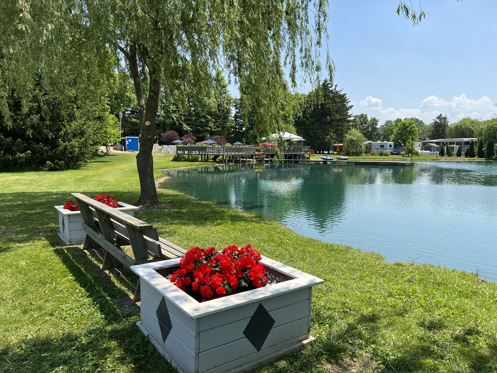 The pond with bench and flower planters